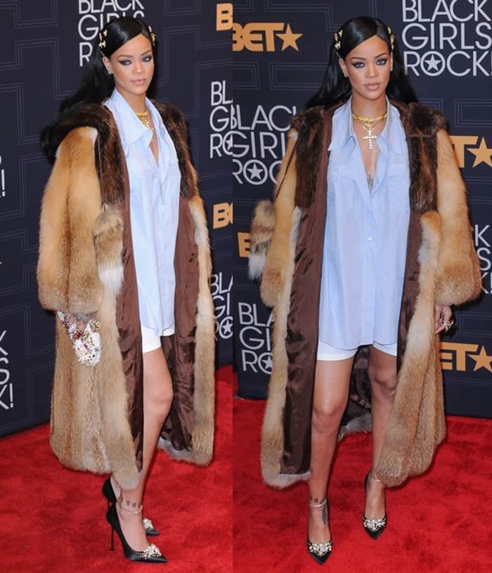 Rihanna in a Miu Miu fur coat at the 2016 Black Girls Rock