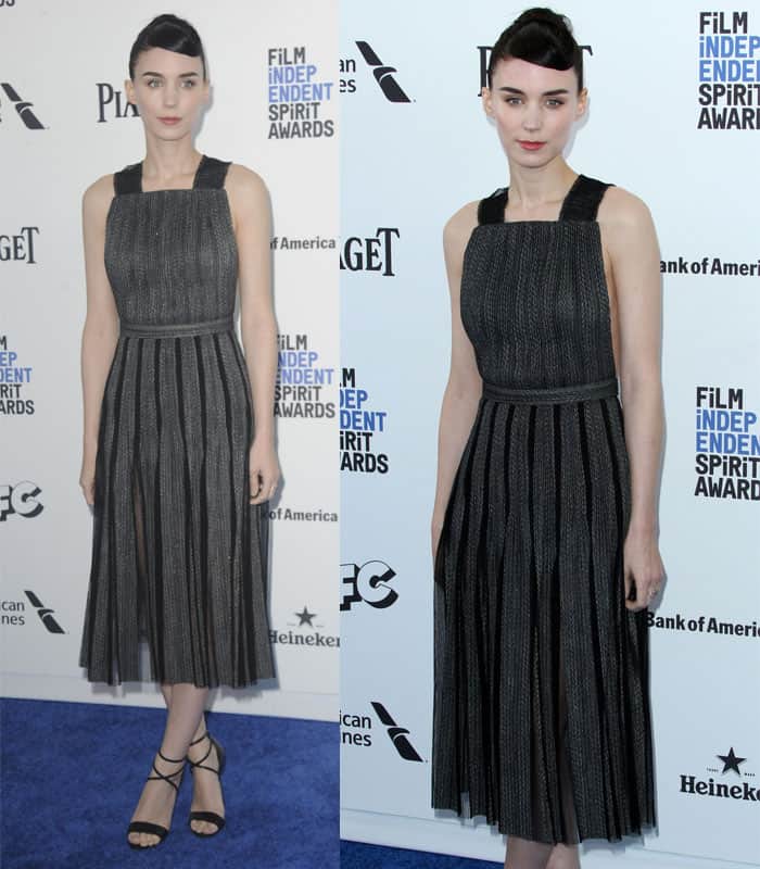 Rooney Mara exudes minimalist elegance in a textured black midi dress paired with delicate strappy heels, showcasing her signature understated yet feminine style at the Film Independent Spirit Awards
