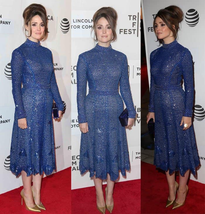 Rose Byrne graced the premiere of 'The Meddler' in a captivating blue long-sleeve dress from Derek Lam's Fall 2016 collection
