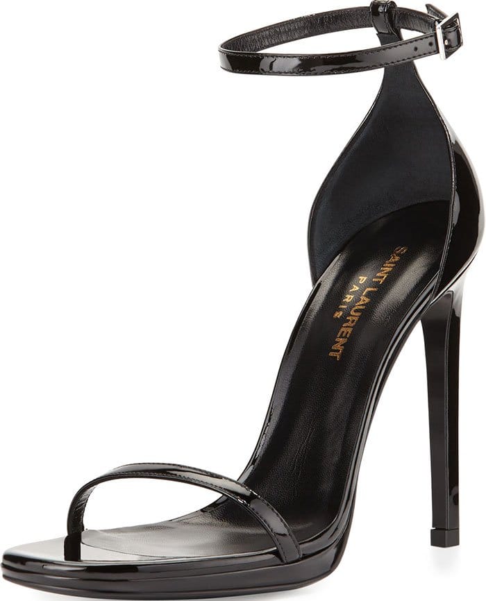 Sleek black patent leather Jane sandals from Saint Laurent