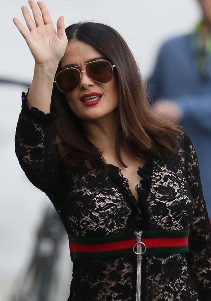 Salma Hayek wears her hair down while leaving ABC studios after filming "Jimmy Kimmel Live!"