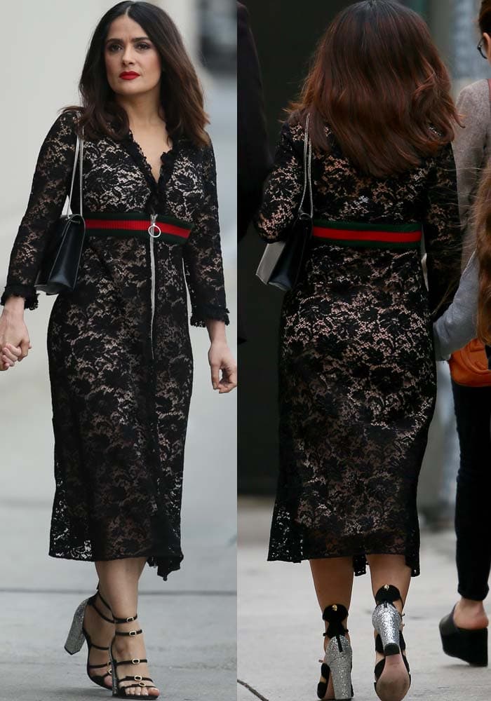 Salma Hayek wears a Gucci dress as she leaves a taping at "Jimmy Kimmel Live!"