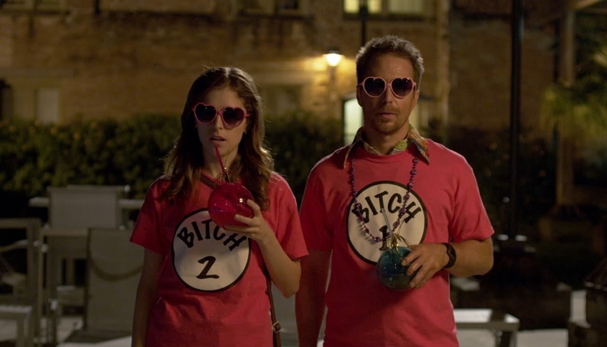 Sam Rockwell and Anna Kendrick wear 'Bitch #1' and 'Bitch #2' t-shirts in the 2015 American romantic action comedy film Mr. Right