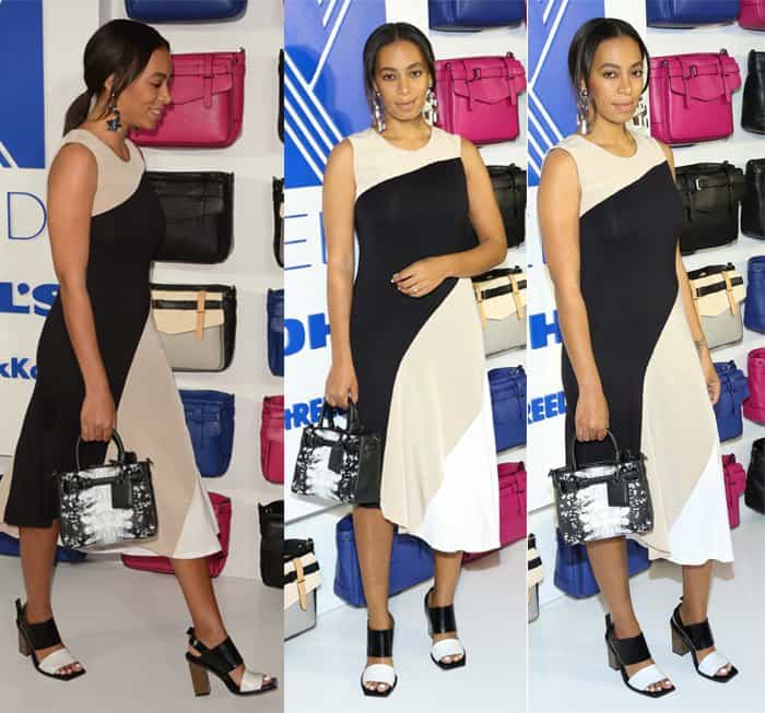 Solange Knowles effortlessly showcases her fashion prowess in a sleeveless color-block asymmetrical dress from Reed