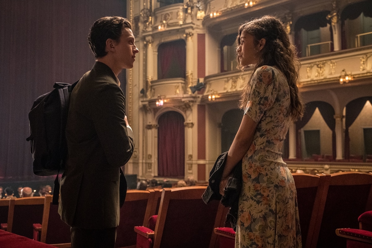 Tom Holland as Peter Parker / Spider-Man and Zendaya as Michelle "MJ" Jones-Watson in the 2019 American superhero film Spider-Man: Far From Home