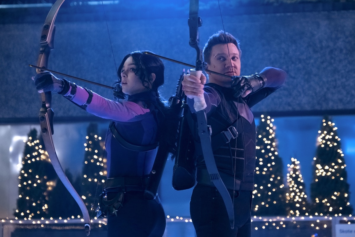Jeremy Renner as Clint Barton / Hawkeye and Hailee Steinfeld as Kate Bishop in the American television miniseries Hawkeye