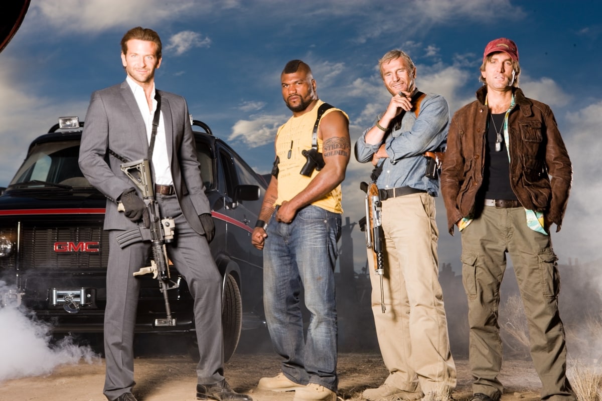 Liam Neeson as John "Hannibal" Smith, Bradley Cooper as Templeton "Face" Peck, Quinton "Rampage" Jackson as Bosco "B.A." Baracus, and Sharlto Copley as H.M. "Howling Mad" Murdock in the 2010 American action thriller film The A-Team
