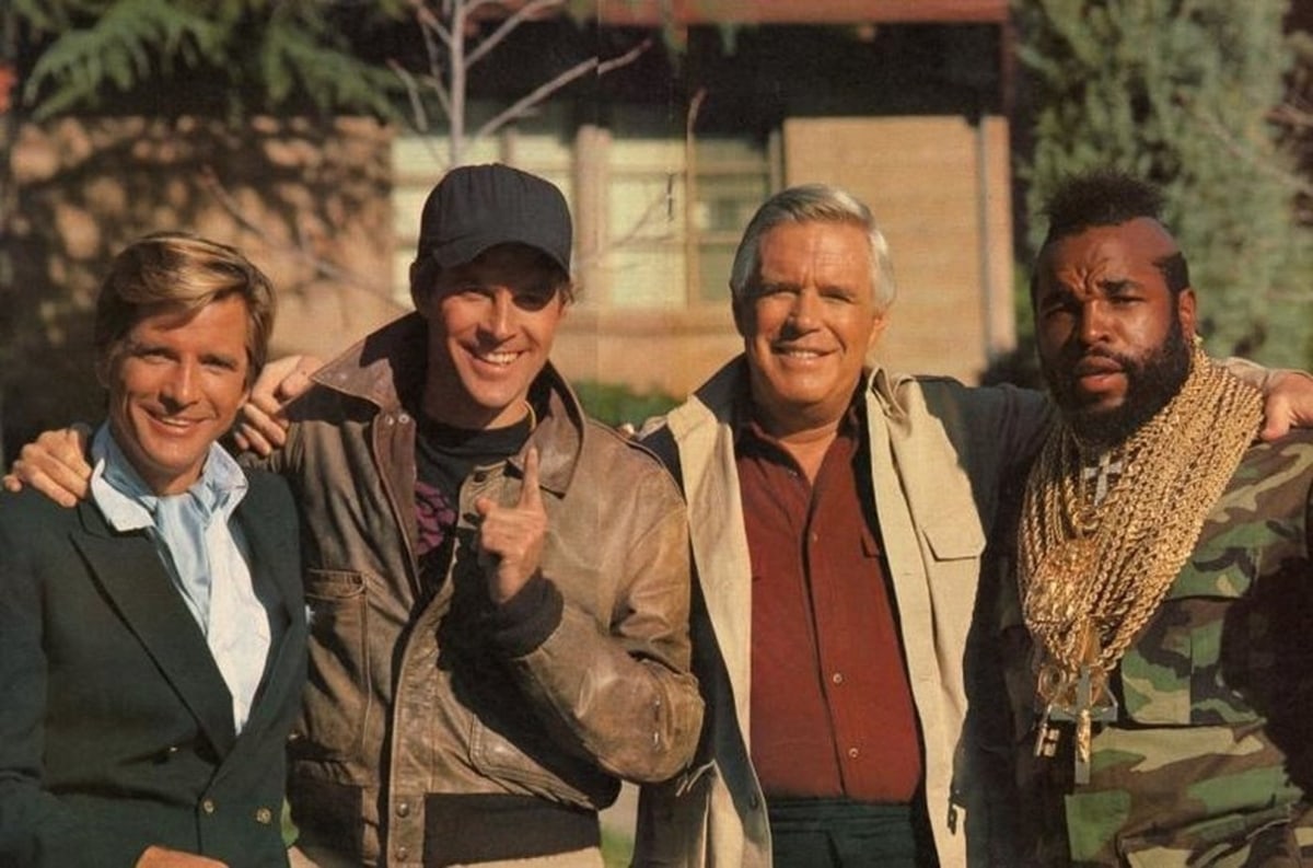 Dirk Benedict as Templeton Arthur Peck, Dwight Schultz as 'Howling Mad' Murdock, George Peppard as John 'Hannibal' Smith, and Mr. T as B. A. Baracus in the American action-adventure television series The A-Team