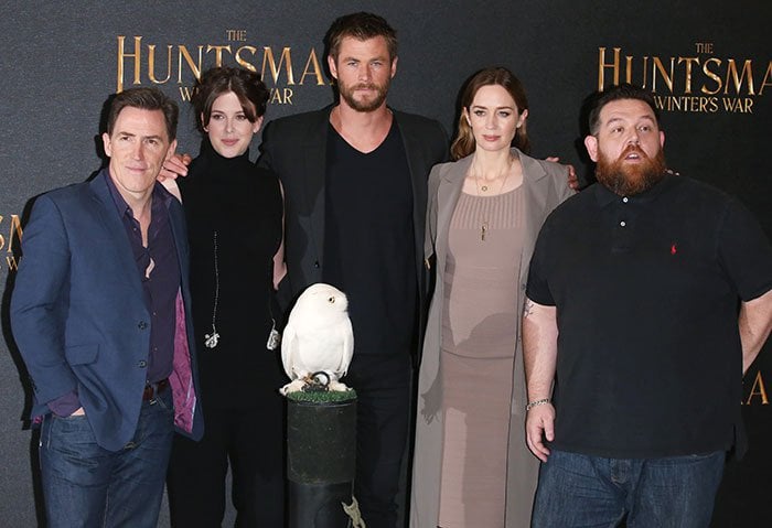 Rob Brydon, Alexandra Roach, Chris Hemsworth, Emily Blunt and Nick Frost attend a photo call for "The Huntsman: Winter's War" in London
