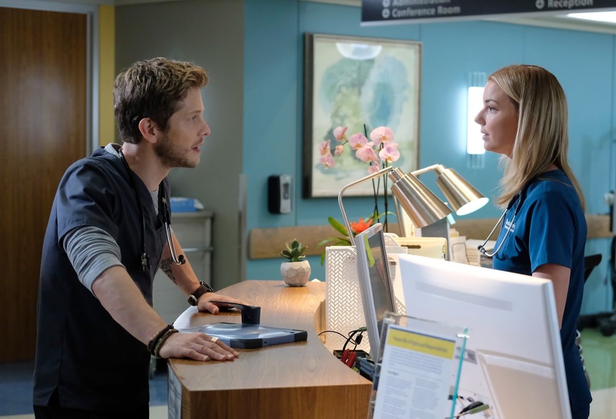 Emily VanCamp as Nicolette 'Nic' Nevin and Matt Czuchry as Conrad Hawkins in the American medical drama television series The Resident