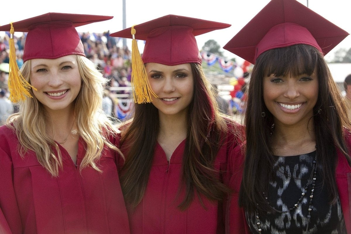 Kat Graham as Bonnie Bennett, Nina Dobrev as Elena Gilbert, and Candice King as Caroline Forbes in the American supernatural teen drama television series The Vampire Diaries
