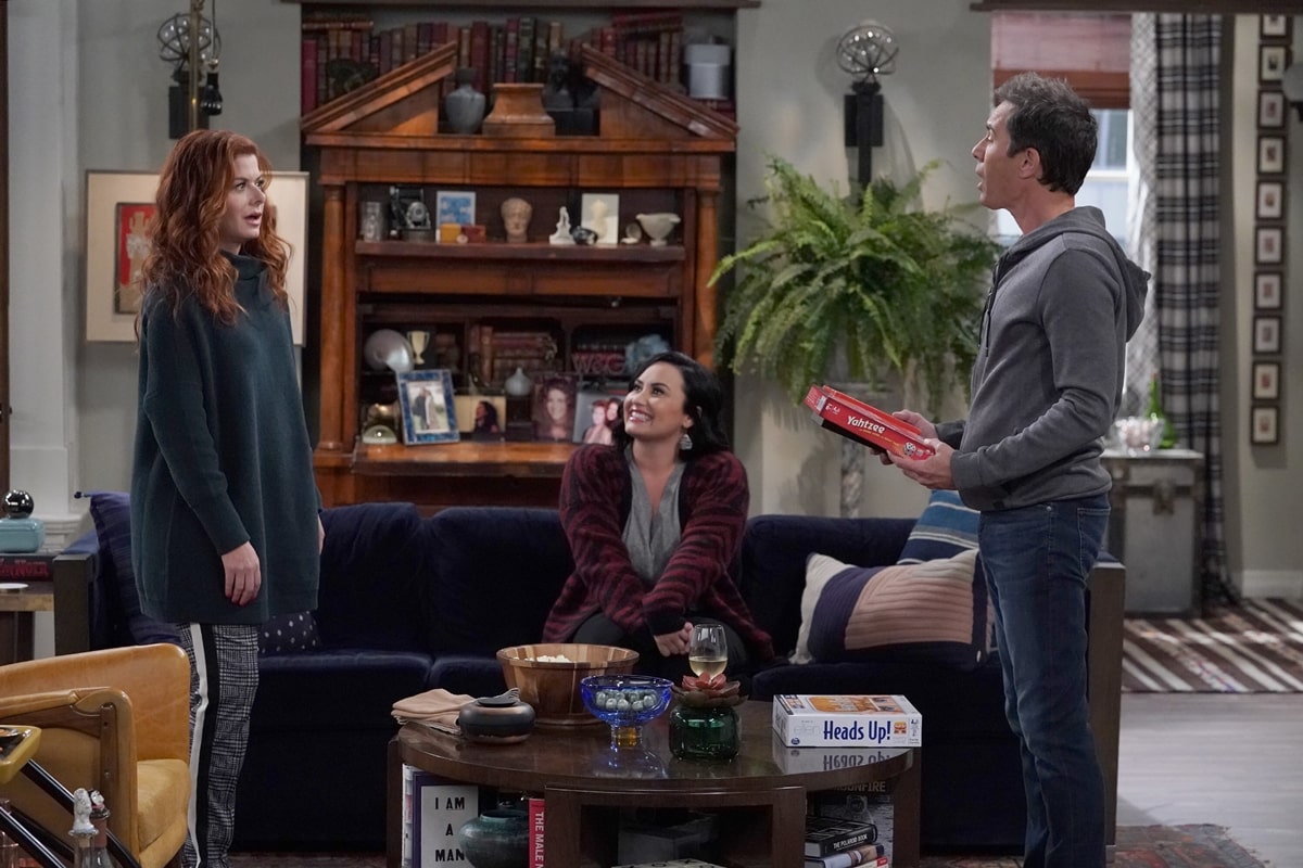 Debra Messing as Grace Adler, Demi Lovato as Jenny, and Eric McCormack as Will Truman in the American sitcom television series Will & Grace