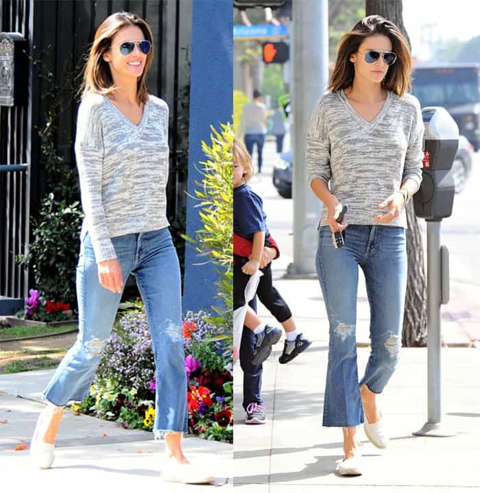 Alessandra Ambrosio styled a grey knit Feel The Piece sweater with gold Celine sunglasses
