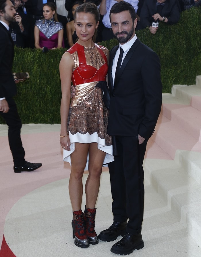 Alicia Vikander poses with Louis Vuitton's creative director Nicolas Ghesquiere at the Met Gala
