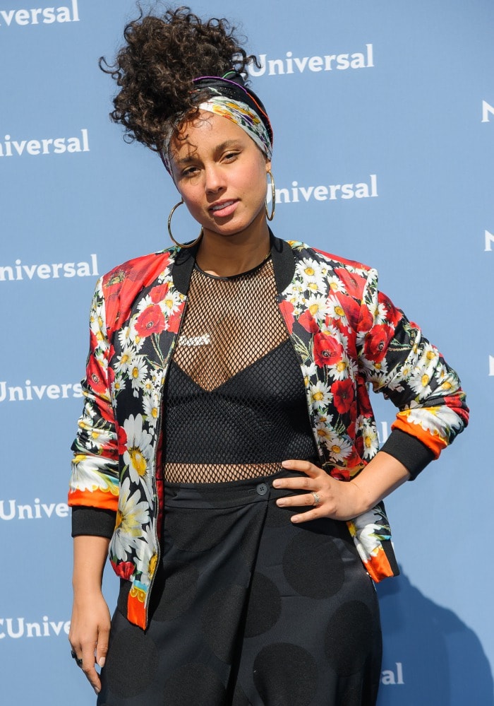 Alicia Keys sports a floral Dolce & Gabbana bomber jacket at an NBCUniversal event