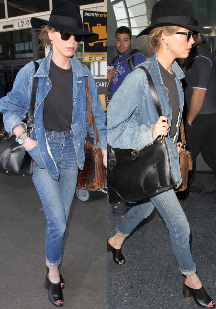 Amber Heard shows off her denim-on-denim style at the Los Angeles Airport