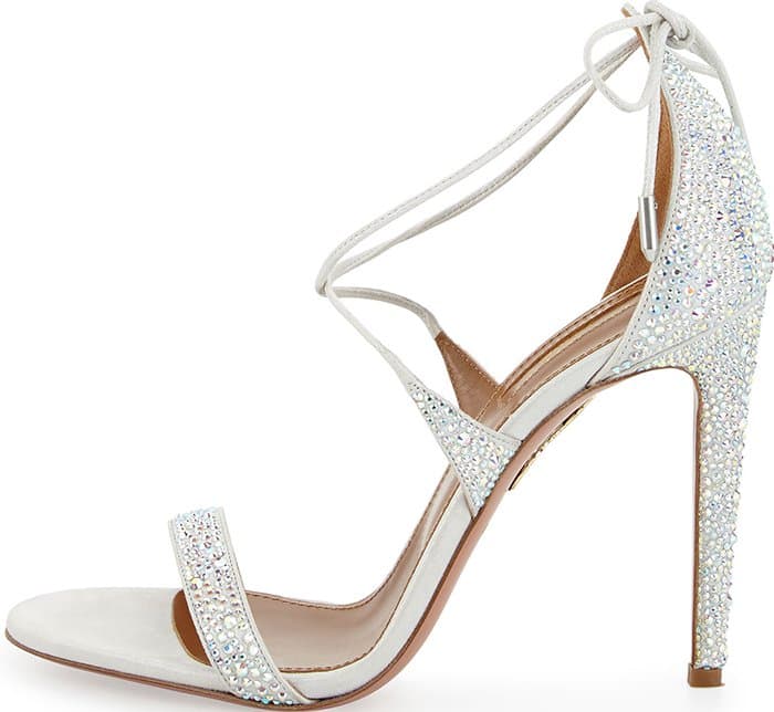 Designed with flattering crossover straps, this crystal-embellished style is set on a thin heel and has delicate ties that fasten at the ankle