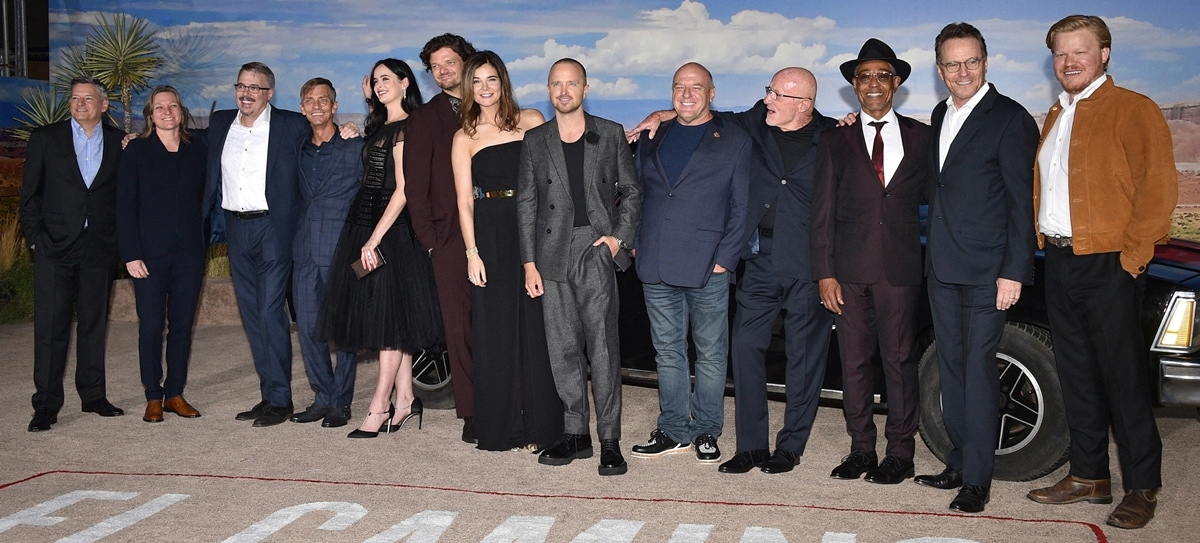 Ted Sarandos, Cindy Holland, Vince Gilligan, Charles Baker, Krysten Ritter, Matt Jones, Betsy Brandt, Aaron Paul, Dean Norris, Jonathan Banks, Giancarlo Esposito, Bryan Cranston, and Jesse Plemons attend the Premiere of Netflix's "El Camino: A Breaking Bad Movie"