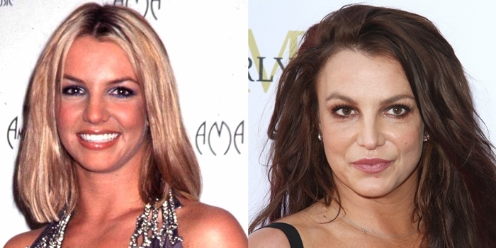 Britney Spears at the 27th Annual American Music Awards on January 17, 2000 (L) and at the Beauty Awards in Los Angeles on September 20, 2019, showcasing her evolving appearance amid ongoing plastic surgery speculation