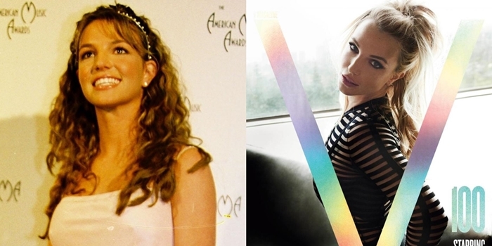 A young Britney Spears shines at the 26th Annual American Music Awards on January 11, 1999, at the Shrine Auditorium in Los Angeles (left), contrasted with her bold and striking transformation on the cover of V Magazine #100 in Spring 2016 (right)
