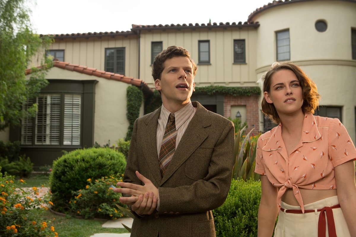 Jesse Eisenberg as Bobby Dorfman and Kristen Stewart as Veronica "Vonnie" Sybil in the 2016 American romantic comedy-drama film Café Society