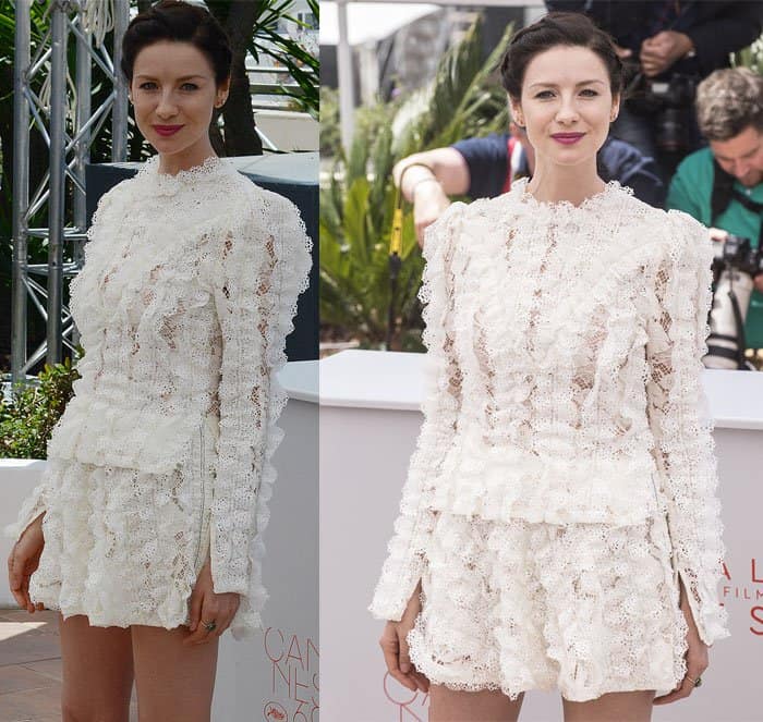 Caitriona Balfe radiates sophistication in a lace Louis Vuitton mini dress at the 69th Cannes Film Festival