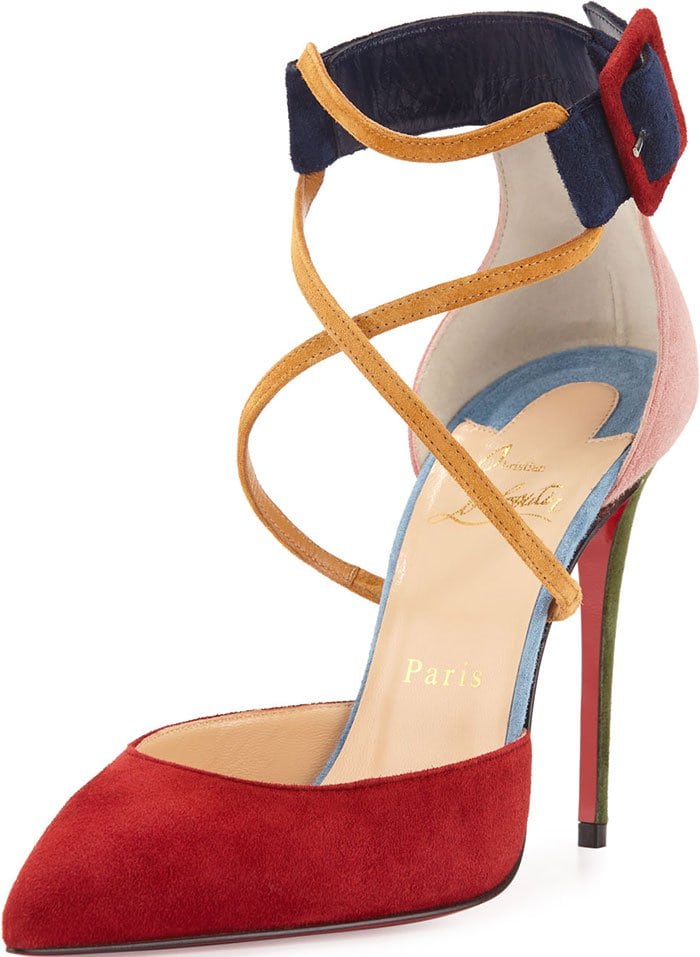Red, pink, green, yellow, and navy suede Suzanna pump from Christian Louboutin featuring a 100mm green suede stiletto heel, yellow suede cross-over straps, and an adjustable buckle ankle strap