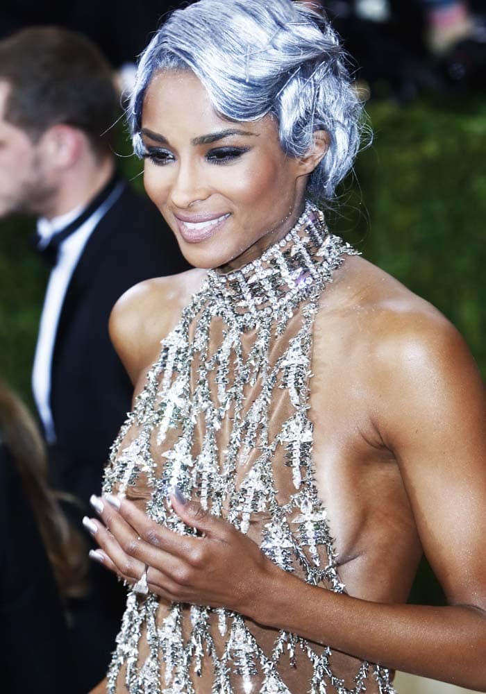 Ciara with silver hair in a custom H&M dress at the "Manus x Machina: Fashion In An Age Of Technology" Costume Institute Gala