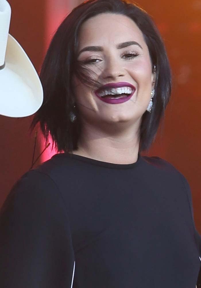 Demi Lovato wears her dark hair down during an appearance on "Jimmy Kimmel Live!"