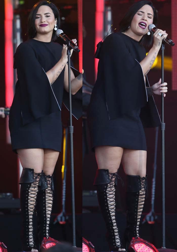 Demi Lovato pairs a Givenchy mini dress with Nasty Gal boots while performing on "Jimmy Kimmel Live!"