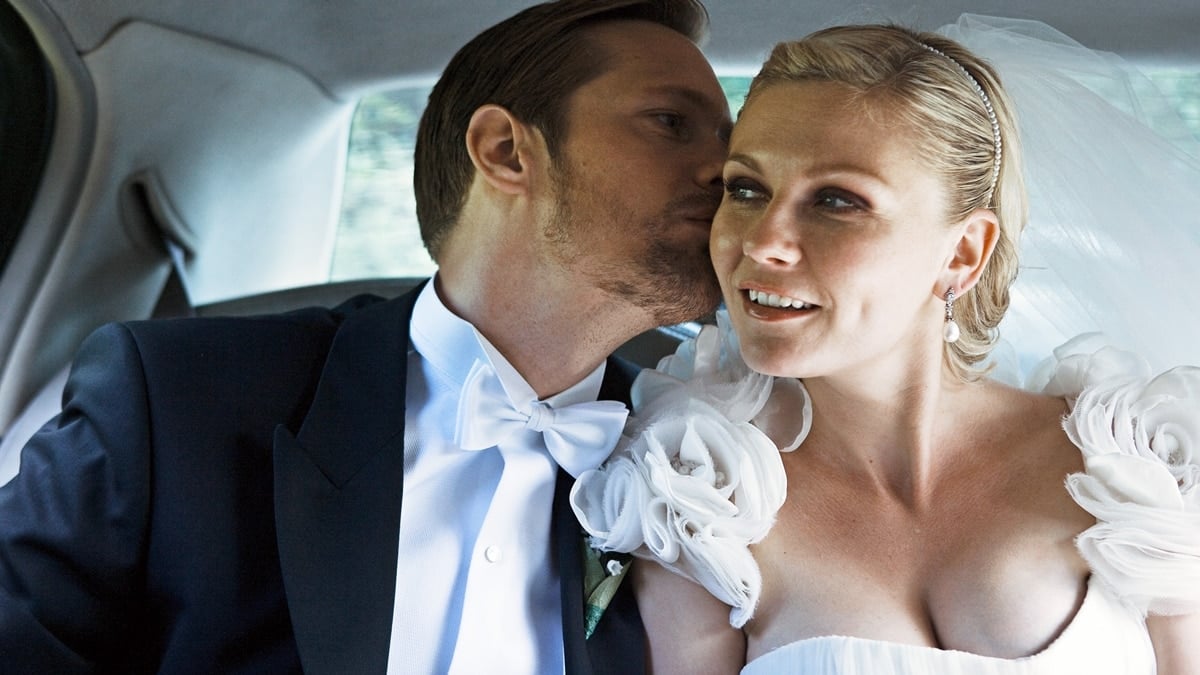 Kirsten Dunst flaunted her boobs in a wedding dress by costume designer Manon Rasmussen with Alexander Skarsgård as Michael in Lars von Trier's 2011 apocalyptic drama art film Melancholia