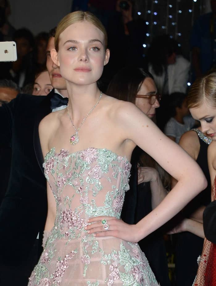 Tiffany & Co. jewelry added the finishing touches to Elle Fanning's overall look for the premiere of her latest film, The Neon Demon