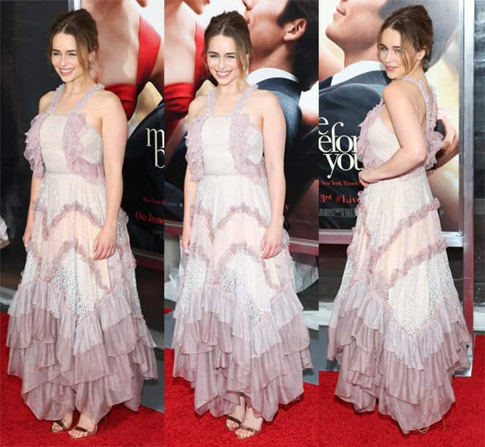 Emilia Clarke stepped onto the red carpet donning a Chloe Fall 2016 ensemble – a pale lavender and white lace embroidered dress with ruffled tulle layers and a tiered hem