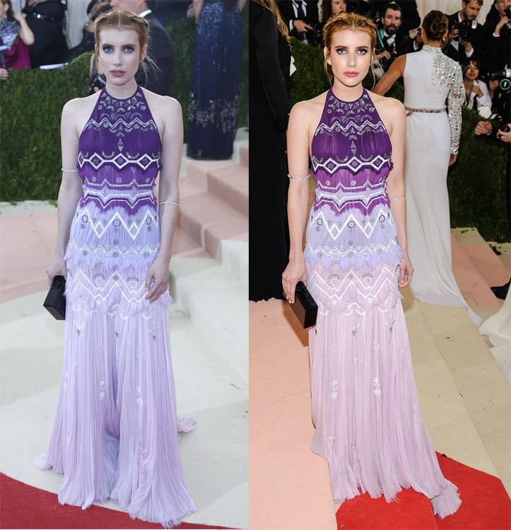 Emma Roberts showcased a unique lavender and eggplant ensemble designed by Tory Burch at the Met Gala
