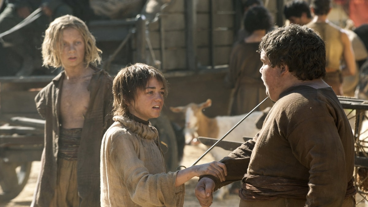 Eros Vlahos as Lommy Greenhands, Ben Hawkey as Hot Pie, and Margaret Constance "Maisie" Williams as Arya Stark in "Fire and Blood," the tenth and final episode of the first season of the HBO medieval fantasy television series Game of Thrones
