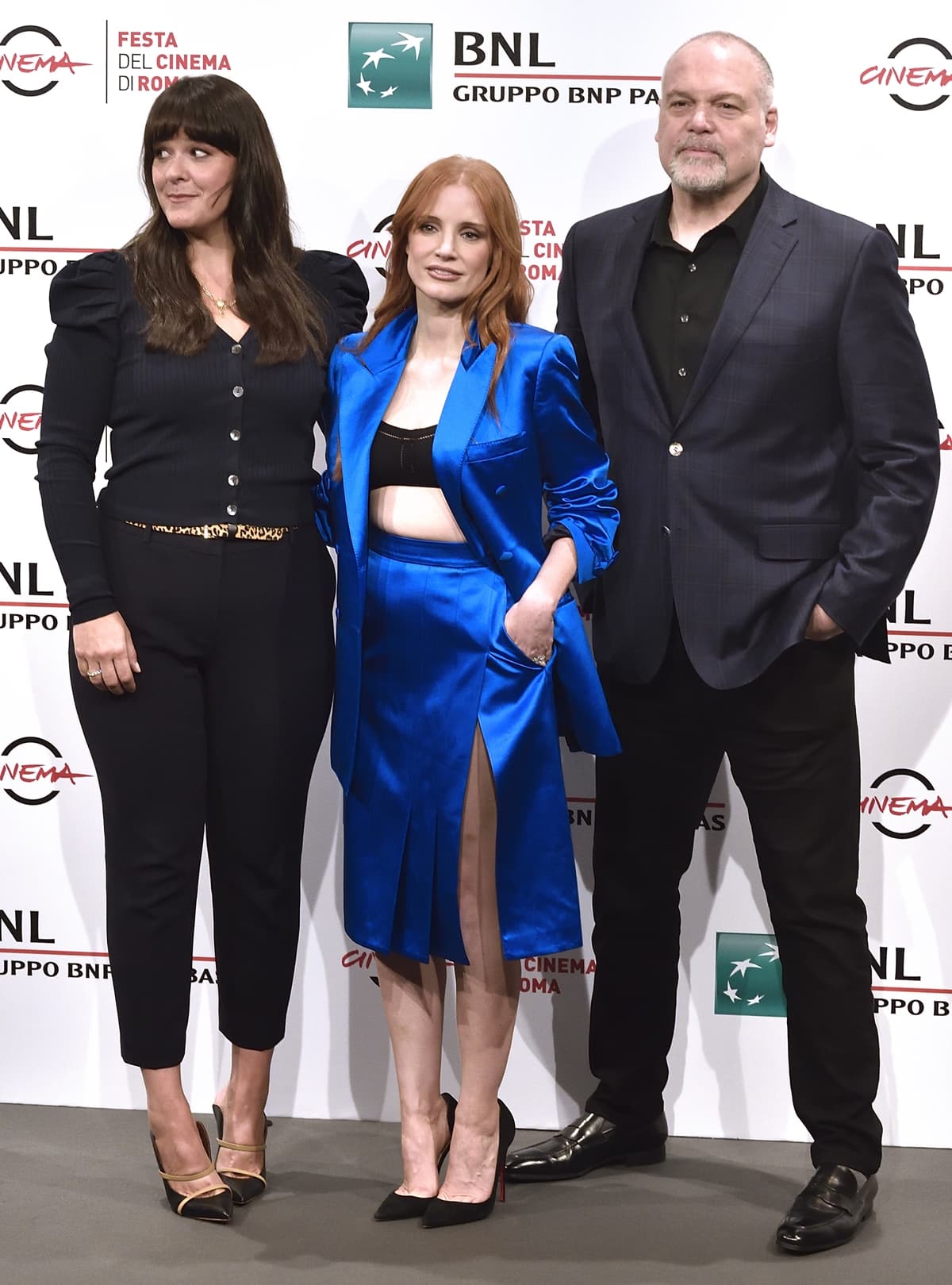Film producer Kelly Carmichael, American actress Jessica Chastain and American actor, director, and film producer Vincent D'Onofrio at Rome Film Fest 2021
