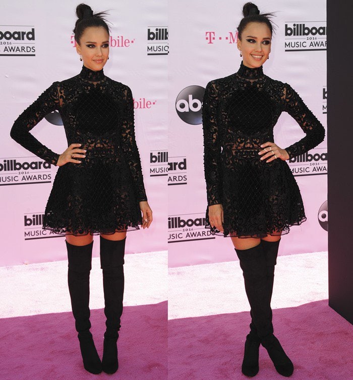 Jessica Alba in a lace mini-dress and thigh-high Stuart Weitzman boots at the 2016 Billboard Music Awards