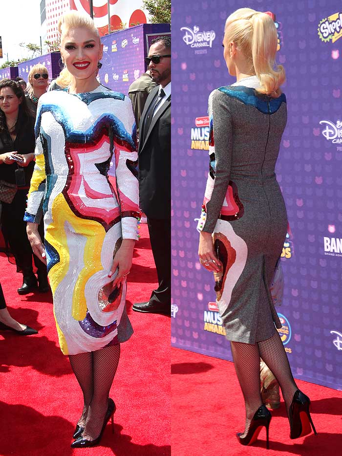 Gwen Stefani shows off the front and back of her sequined Olympia Le-Tan Fall 2016 rainbow swirl dress