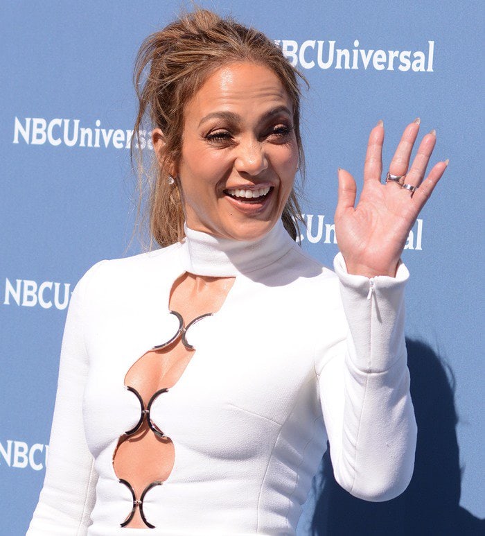 Jennifer Lopez's dress features three keyhole cutouts and silver metal details
