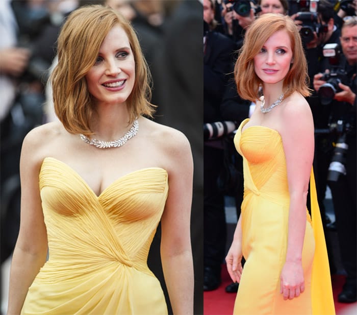Jessica Chastain pairs her soft, tousled waves with a strapless, pleated Armani Privè gown, creating a flawless, effortless look at the Cannes Film Festival
