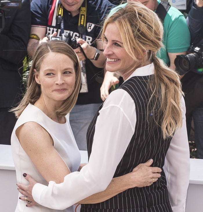 Jodie Foster and Julia Roberts at the photo call for their upcoming film 'Money Monster' held during the 2016 Cannes Film Festival at the Palais des Festivals in Cannes on May 12, 2016