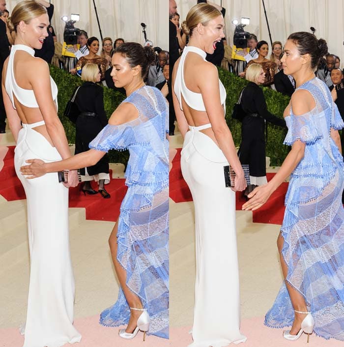 Karlie Kloss laughs as fellow model Irina Shayk playfully spanks her butt