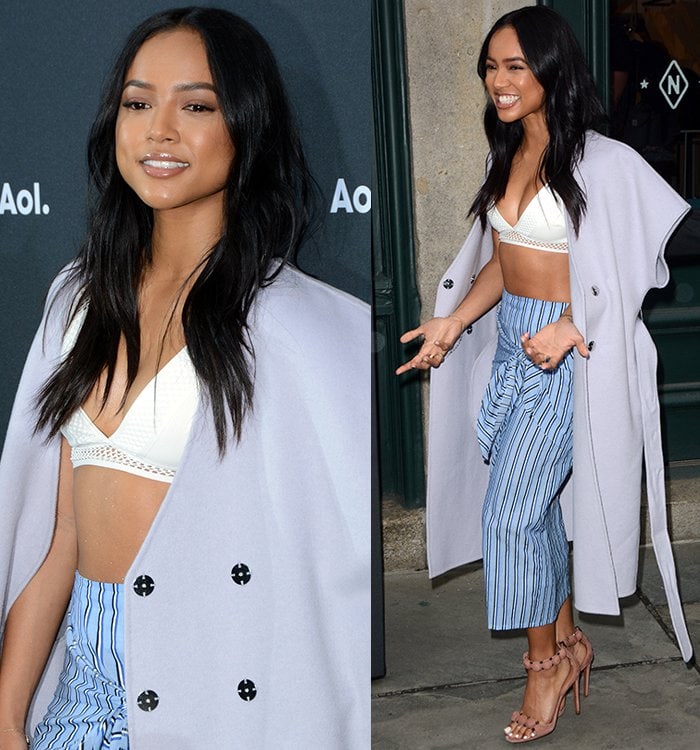 Karrueche Tran tops her bralette-and-skirt combo with a lavender-hued coat