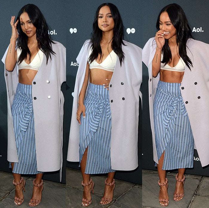 Karrueche Tran shows off her abs in a Topshop bralette and Boutique skirt