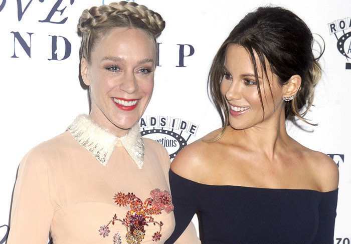 Chloe Sevigny and Kate Beckinsale pose for photos on the red carpet at the premiere of her latest film "Love & Friendship"