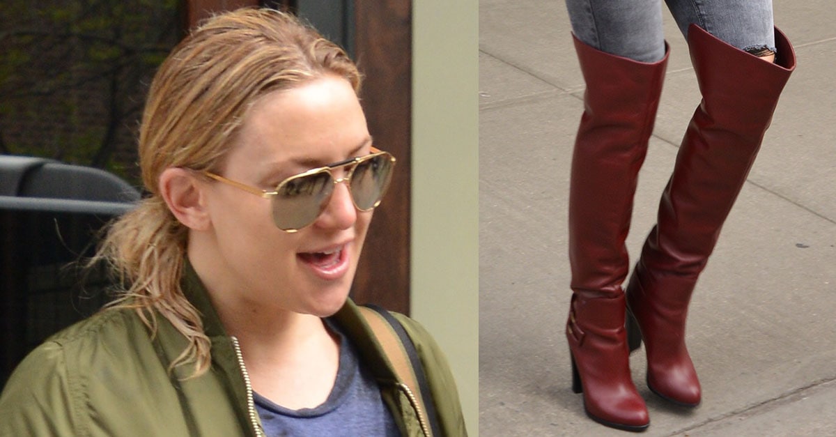 Fresh-Faced Kate Hudson Leaves Manhattan Hotel in Oxblood Thigh-High Boots