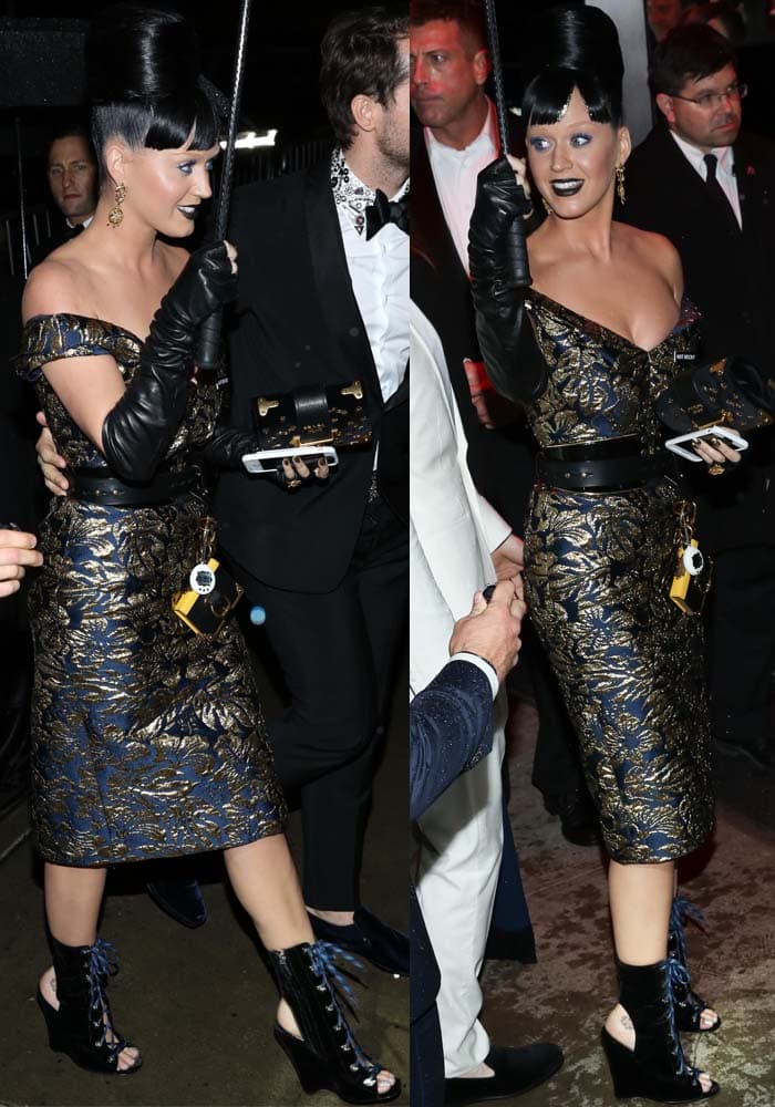Katy Perry wears a metallic navy Prada dress to the Met Gala after party