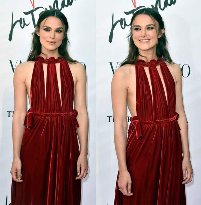Keira Knightley's attire of choice was a rich crimson velvet gown from Valentino's Fall 2015 Haute Couture collection