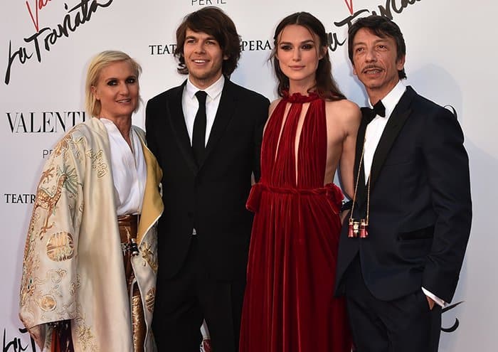 Keira Knightley's husband, Righton, joined her in a black tuxedo at the event, where Valentino's creative directors, Chiuri and Piccioli, were present and photographed with Knightley and Righton