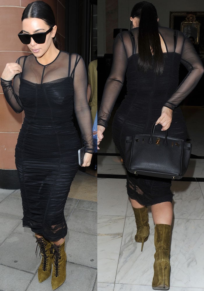 Kim Kardashian styled her dress with an Ann Demeulemeester open back sheer bodysuit for a visit to C Restaurant in London